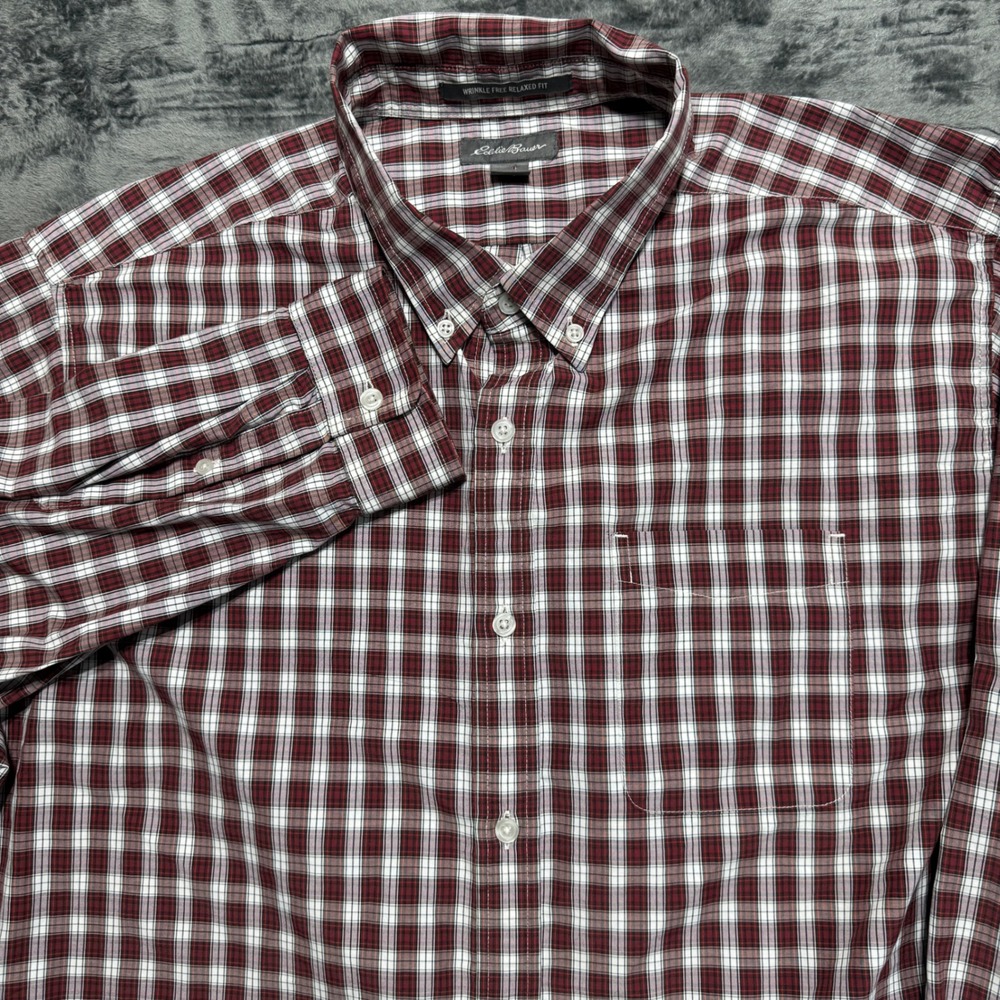 Eddie‎ Bauer Button Down Shirt Men XL Burgundy Plaid